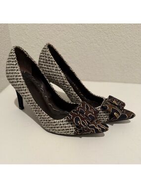 Tory Burch Cleo Tweed and Silk Bow High Heel Pump Brown Navy Leopard Size 7